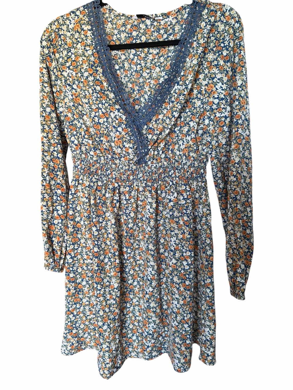 Cupshe Blue Floral V-Neck Smocked Waist Long Sleeve Dress with Orange Accents